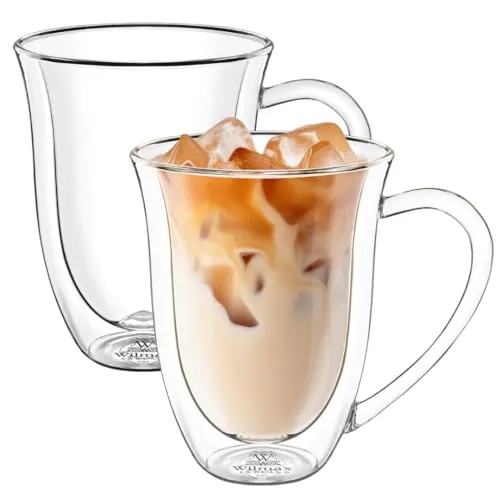 Wilmax Thermogläser mit Henkel 2er Set - 400ml - Kaffee- & Teegläser, doppelwandige Wärmedämmung für heiße und kalte Getränke, spülmaschinenfest und aus bruchsicherem Borosilikatglas.