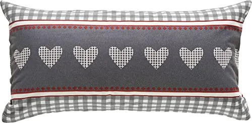 Erwin Müller Feinflanell-Zusatzkissenbezug, Kissenhülle, Karo, Herz grau-rot-weiß Größe 40x80 cm - für die kalte Jahreszeit, weich, flauschig, mit praktischem Reißverschluss