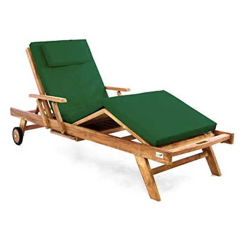 Divero Sonnenliege Holzliege Gartenliege Deckchair Teakholz behandelt verstellbar + Räder Tablett + Liegen-Auflage 4-teilig wasserabweisend dunkelgrün