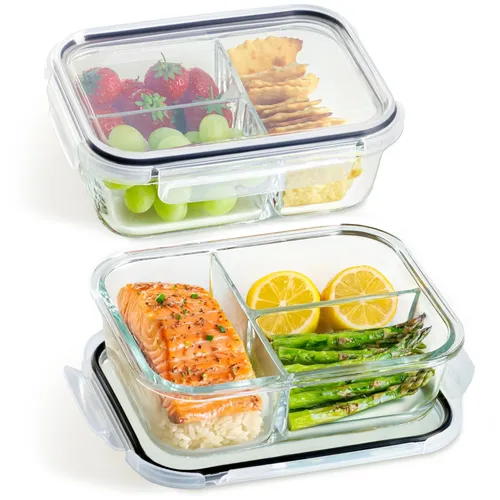 Frischhaltedosen 1000ml Glas mit 3 Fächern - Vorratsgefäße & -gläser, luftdicht und BPA-frei, ideal für Meal Prep und zur längeren Frischehaltung Ihrer Lebensmittel.