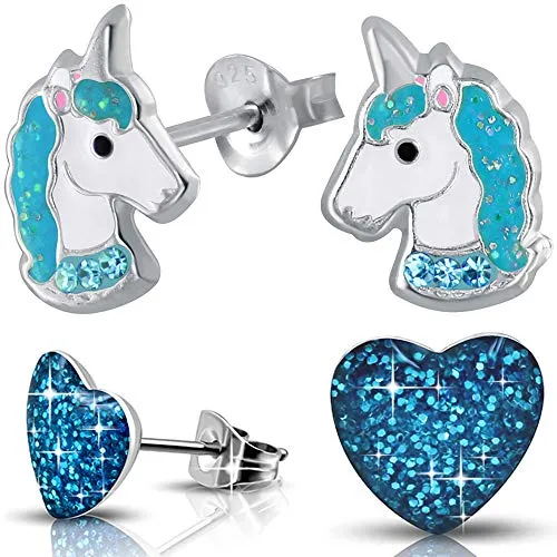Paar Mädchen Ohrringe echt 925 Sterling Silber mit Zirkonia Edelstahl Kinder Ohrstecker Einhorn Pferde Herz (K756+K186) 2