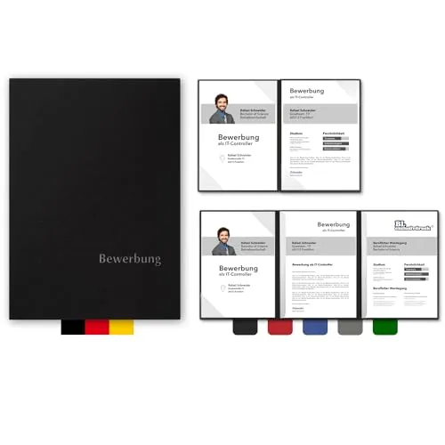 4-teilige Bewerbungsmappen BL-exclusivdruck® MEGA-plus in Schwarz - Edle Relief-Prägung - 5 hochwertige Bewerbungsmappen für eine professionelle Präsentation Ihrer Unterlagen. Mit Klarsicht-Klemmschiene und Folien-Einschüben für optimale Struktur und Eindruck. Handgefertigt in Deutschland.