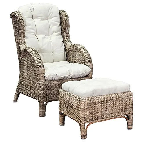 FineHome XXL Relaxsessel Korbsessel Ohrensessel mit Fußhocker aus Rattan, inkl. Polster beige Gartensessel Rattansessel mit Hocker