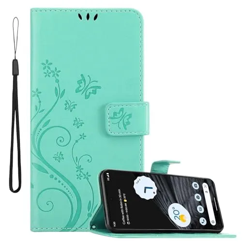 Cadorabo Hülle kompatibel mit Google Pixel 7 PRO Blumen Design aus Premium Kunst Leder Flip Stoßfeste Magnetische [Standfunktion] [Kartenfächern] Cover Case für Google Pixel 7 PRO Tasche in Türkis