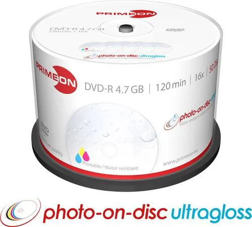 Primeon DVD-R Rohling 4.7GB Spindel, 50 Stück, bedruckbar - Rohlinge mit hochglänzender, wasser- und wischfester Oberfläche für brillante Druckergebnisse. Ideal für schnelle Datensicherung mit 16x SPEED und perfekter Kompatibilität.
