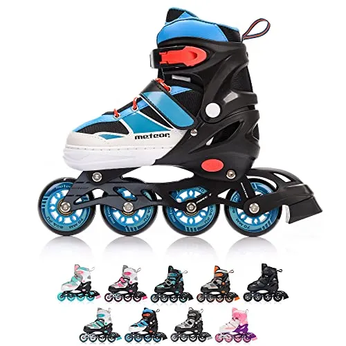 meteor Rox sichere verstellbare Kinder Inline‑Skates – Inliner für Mädchen Jungen – ABEC‑7 Carbonlager PU‑Räder 72 mm 80 A Aluminiumrahmen – Größen S 30‑33 M 34‑37 L 38‑41
