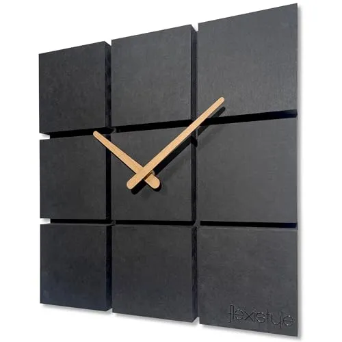 FLEXISTYLE Wanduhr modern Harmony Holz Eiche quadratisch schwarz ohne tickgeräusche Badezimmer Wohnzimmer jugendzimmer (Schwarz, 30cm)