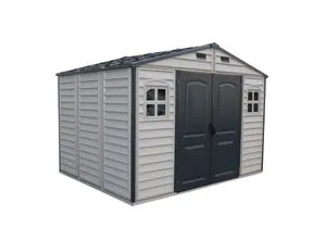 Duramax Kunststoff Gartenhaus 324x247 - Wartungsfreies Gerätehaus - Gartenhäuser: Langlebig und wetterfest mit modernen Drehtüren, inklusive Fußbodenplatte für einfachen Aufbau und UV-Beständigkeit.