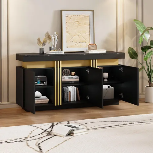 Merax Sideboard Schwarz mit Marmoroptik, 140x38x70cm - Elegante Kommode mit Marmorstruktur und Platinakzenten – bietet großzügigen Stauraum mit 6 verstellbaren Fächern, ideal für Wohn-, Ess- oder Arbeitszimmer.