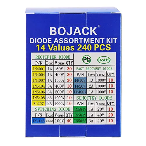 BOJACK 14 Wert 240 Stück Diodensortiment Kit Schottky Diode Sortiment 1N4001 1N4004 1N4007 1N5404 1N5406 1N5408 RL207 FR107 207 UF4007 1N5817 1N5819 1N5822 1N4148