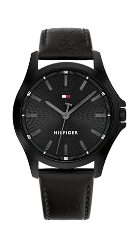 Tommy Hilfiger Herren Uhr 1792190 mit DREI-Zeiger-Quarzwerk - Armbanduhren für Herren mit elegantem schwarzen Lederarmband und 3 ATM Wasserfestigkeit – ideal für jeden Anlass und alltagstauglich.