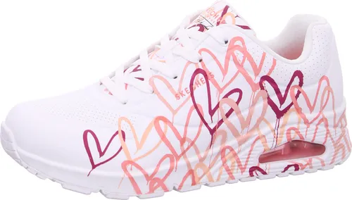SKECHERS Uno Spread the Love Damen Sneaker Weiß 40 - Stylischer Damen Sneaker aus der Kooperation mit Künstler James Goldcrown, mit einzigartigem Herzdesign und bequemer Air-Cooled Memory Foam-Einlegesohle für optimalen Tragekomfort.