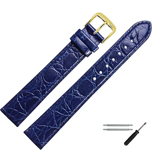 MARBURGER Uhrenarmband 16mm Leder Blau Gold XL Krokoprägung - Hochwertiges XL Uhrenarmband aus Rindsleder in Dunkelblau mit Krokoprägung. Inklusive Zubehör für einfachen Wechsel und Anpassung an 16mm Uhren. Ideal für stilvolle Armbanduhren.