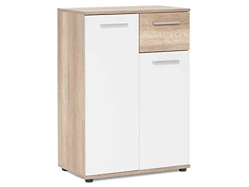 möbelando Kommode Jacklin I - Wildeiche/Weiß - Kommode & Sideboard mit 2 Türen und 1 Schubkasten, bietet viel Stauraum und überzeugt durch hochwertige Wildeiche Nachbildung mit frischen weißen Akzenten.