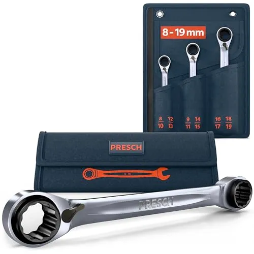 PRESCH 4 in 1 Ratschenschlüssel Set 3tlg. (8-19mm) inkl. Tasche - Umschaltbare Ratschenfunktion - Ringratschenschlüssel mit 90 Zähnen & 4° Rückholwinkel - Robuste Ratschenringschlüssel