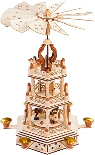 BRUBAKER Weihnachtspyramide - 3-stöckige drehbare Holzpyramide - Weihnachtlicher Zierschmuck, handbemalte Figuren und drehende Etagen sorgen für festliche Stimmung in jedem Raum. Ideal als Geschenk für die Adventszeit.