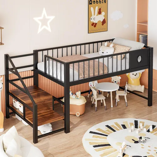 MODFU Kinderbett Einzelbett 90x200 mit Stauraumleiter – Metallbett in Schwarz