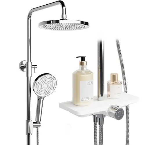 Regendusche Ohne Armatur Mit Ablage, Duschsystem Mit Duschkopf Edelstahl Verstellbare DuschsäUle Duschstange ÜBerkopfbrause Set Kopfbrause Rund 25cm Chrom