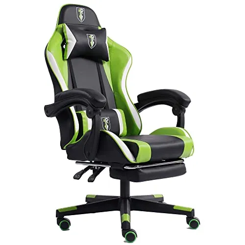 Ergonomischer Gaming Chair im Racing-Design - Schwarz/Grün-Weiß - Bürostuhl mit flexiblen Armlehnen und ausziehbarer Fußstütze, ideal für Gamer und Home Office. Inklusive Nacken- und Rückenstützkissen für maximalen Komfort.