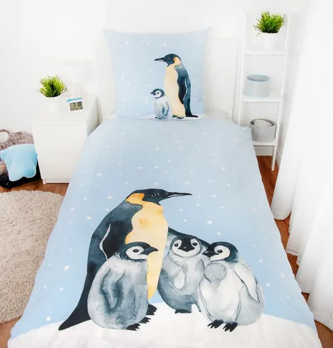 Biber Bettwäsche Set mit Pinguin 135 x 200 cm - Bettwäschegarnitur aus 100% Baumwolle, kuschelig warm und ideal für Kinderzimmer, inklusive Bettbezug und Kissenbezug mit süßem Pinguin-Muster.