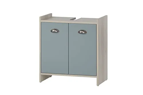 Schildmeyer Waschbeckenunterschrank Lindholm 154365 - Unterschrank fürs Bad in Sandeiche Dekor/Taubenblau, praktische Maße 56,9 x 33 x 62,4 cm, mit Siphonausschnitt und antiken Metallgriffen für stilvolle Akzente.