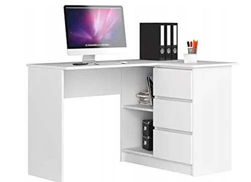 BDW Eckschreibtisch Weiß, 3 Schubladen rechts und 2 Regale, viel Platz zum Entfalten. Perfekt für Jugendzimmer, Büros und Ateliers.