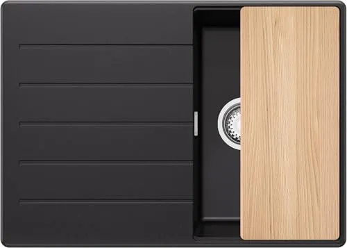 PRIMAGRAN Spülbecken Schwarz 70x50cm, Granitspüle 1 Becken + Ablauf-Set + Schneidebrett, Küchenspüle ab 40er Unterschrank - Kopenhagen S350
