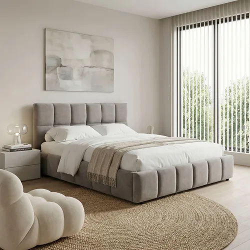Produktbild Polsterbett EMILIA 180x200 cm in Grau – Modernes Bett mit gepolstertem Kopfteil und Lattenrost