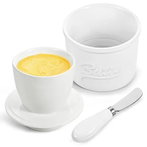 Chumix Französische Butterdose Wassergekühlt mit Wasserlinie, Butterglocke Keramik mit Buttermesser, für Frische und Streichfähige Butter, Französischer Buttertopf für Küche und Esstisch, Weiß