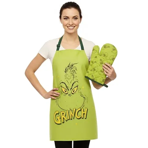 sarcia.eu Grinch 2-in-1 Weihnachts-Küchenset: verstellbare Schürze + Ofenhandschuh, grünes Geschenkset (Grinch)
