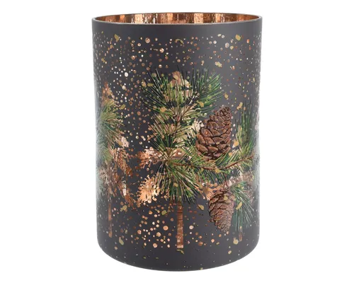 Kaemingk Teelichthalter, Teelichthalter Glas 12,5cm mit Tannenzweigen & Zapfen Motiv 1 Stück