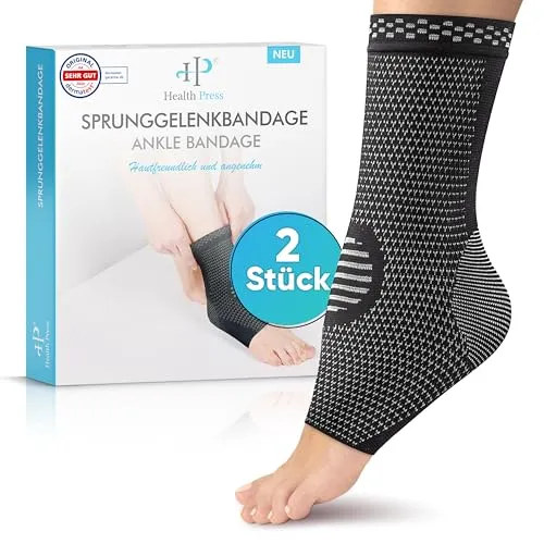 Health Press Sprunggelenkbandage – Professionelle Stützstrümpfe – Entlastung & Stabilisierung des Sprunggelenks – 2x Fußbandage, Gr. L – Medizinprodukt – Stützende Knöchelbandage – Kompressionssocken