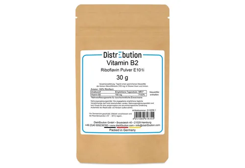 DistrEbution Vitamin B2 - Riboflavin Pulver 30g-25kg Nahrungsergänzungsmittel Pulver, 30 g, Reines Vitamin B2