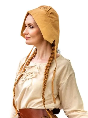 Leonardo Carbone® Damen Kopfbedeckung Mittelalter-Bundhaube Claire | Kapuzenartiger Schnitt | Lange Bänder | Karneval, Halloween, Cosplay, LARP, Haube, Hut, Mütze | 100% Baumwolle Honig