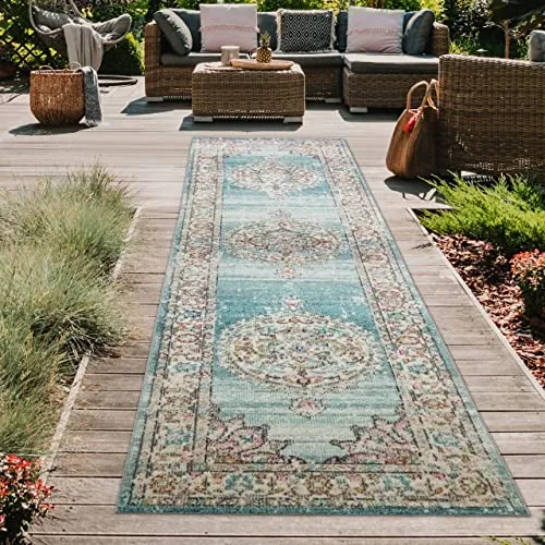 Teppich-Traum orientalischer Vintage LÄUFER für In- & Outdoor buntes Blumenmotiv türkis Größe 80 x 300 cm
