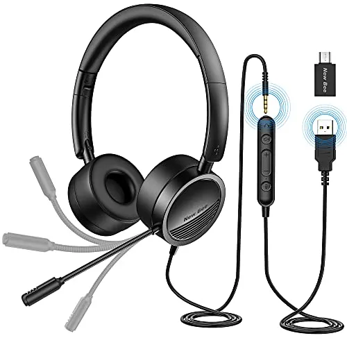 PC Headset mit Mikrofon New Bee USB/3,5mm Business Headset Noise Cancelling & Klare Stereo-Sound für Call Center Office Telefonkonferenzen Skype-Chat Webinar-Präsentationen Online-Kurse und Musik