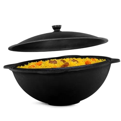 Kazan aus Gusseisen 10L mit Aluminium Deckel - Usbekischer Camping Kessel - Kasserolle aus Gusseisen mit 10L Volumen, ideal für offene Feuerstellen. Manuell hergestellt in Usbekistan für authentisches Kochen im Freien.
