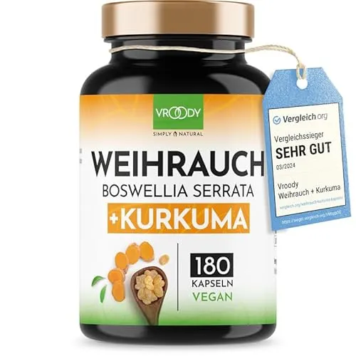 Hochdosierte Weihrauchkapseln mit 85% Boswelliasäure und Curcuma - Nahrungsergänzungsmittel für allgemeines Wohlbefinden und Gelenkunterstützung, vegan und glutenfrei, mit 180 Kapseln für eine langanhaltende Wirkung.