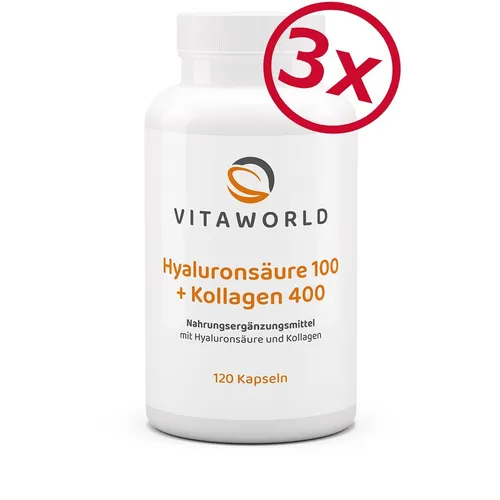 Vita World 3er Pack Hyaluron Säure 100 + Kollagen 400 3 x 120 V-Kapseln Wellness
