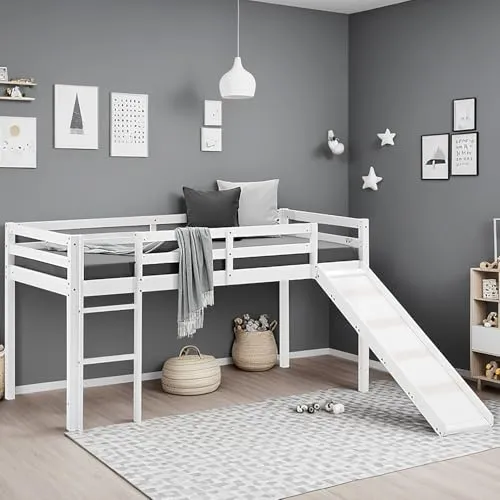 Homestyle4u 2124 Hochbett mit Rutsche - Hochbett für Kinder in Weiß aus massivem Kiefernholz mit coolem Rutschen-Feature, ideal zum Spielen und Schlafen. Inklusive Lattenrost und sicherer Absturzsicherung.