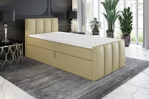 Boxspringbett FUNI 80x200 (Rechts) mit Bettkästen und Bonell-Matratze - Beige - Bequemes Jugendbett mit 80x200 cm Schlaffläche und praktischem Bettkasten. Hochwertige Materialien garantieren Langlebigkeit und Komfort für erholsame Nächte.