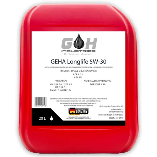 L GEHA Longlife 5W-30 VW 504.00 / 507.00 MB 229.51 BMW Longlife-04 Motoröl 20