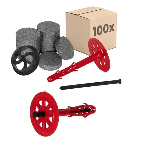 PROTEKTOR Dämmstoffdübel Set Ø10x140mm mit Kunststoffnagel (100 Stück + 200 Rondelle + 1 Fräser) für WDVS und Fassadendämmung, ETA-zertifizierte Schlagdübel Fassadendübel Tellerdübel
