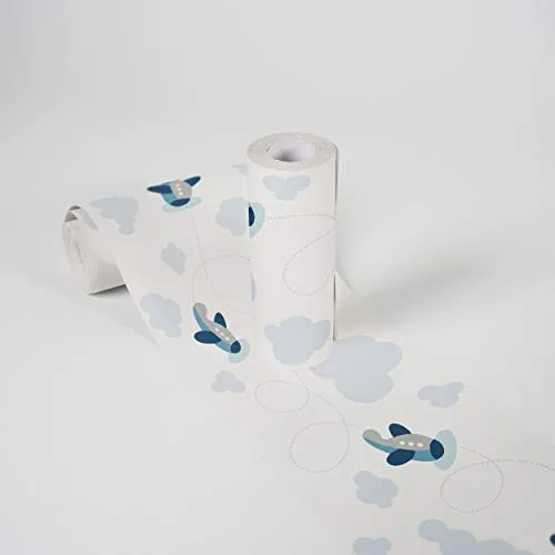 A.S. Création selbstklebende Bordüre - Papierbordüre mit kinderfreundlichen Motiven in Blau, Grau und Weiß - auf 5,00 m x 0,15 m je Rolle