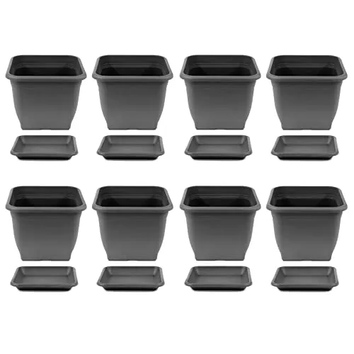 HAC24 8X Pflanztopf 23 x 23 cm Kunststoff incl. Untersetzer Eckig Anthrazit Pflanzkübel Pflanzuntersetzer Blumentopf Blumenkübel Pflanzcontainer