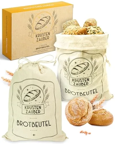 KRUSTENZAUBER Brotbeutel Leinen 2er Set - Ideale Brotaufbewahrung - Brotkästen aus 100% Naturmaterial, schützen Brot vor Austrocknen und sind wiederverwendbar. Mit 40x30cm Platz für Baguette, Brötchen und mehr.