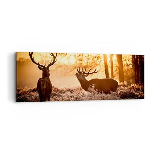 Panorama Bilder auf Leinwand Deer Heidekraut Tier Leinwandbild 90x30cm Wandbilder Dekoration Wohnzimmer Schlafzimmer Küche Klein Wanddeko Bild Wand Kunstdruck Art Wall Decor Canvas AB90x30-3043