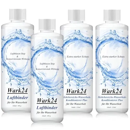 Wark24 Wasserbett Pflegeset, mit 2x250 ml Konditionierer und 2x400 g Luftbinder, für sauberes Wasser und optimalen Liegekomfort, gegen störende Luftblasen, Algen und Bakterien