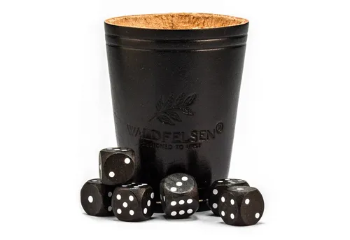 Waldfelsen Spiel – Echtleder Würfelbecher (9 cm) mit 6 Würfeln (16 mm) aus Buchenholz, Würfelspiel, Verschiedene Farben