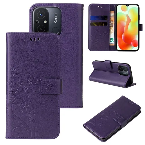 Handyhülle für Xiaomi Redmi 12C Klapp Case Tasche Blume Schmetterling Violett